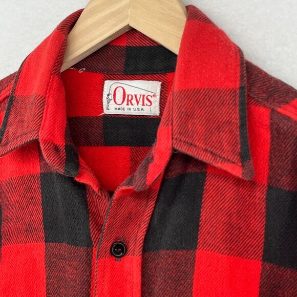 ORVIS Shirt Men M Wool Blend Flannel Buffalo Check Button Up Shacket Red USA VTG - Picture 6 of 14